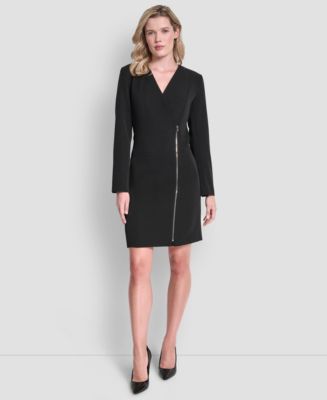 long sleeve dress with zipper in front DKNY Womens Long Sleeve Ribbed Knit Midi Dress, xs, Women's, Black