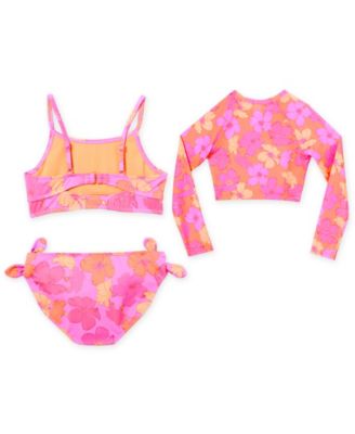 Girls' 7-16 Hibiscus Print Rash Guard, Bikini and Hipster Bottom, 3-Piece Set