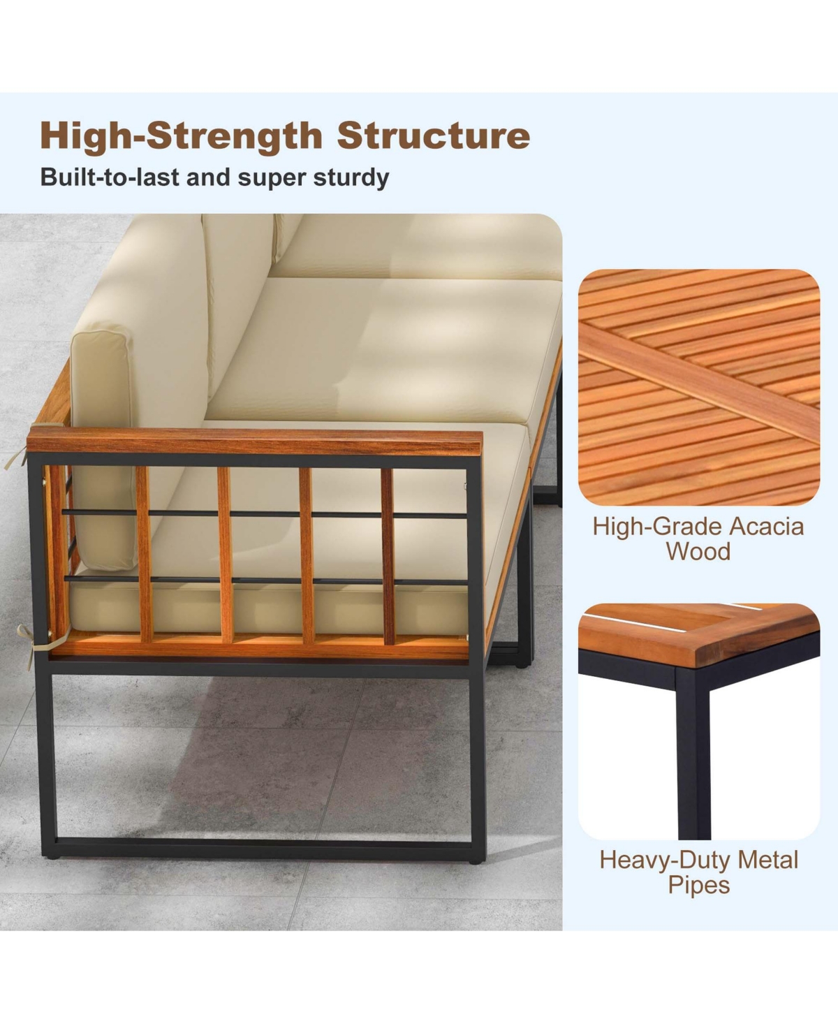 5 Pcs Patio Furniture Set Acacia Wood Sectional Set with Seat & Back Cushions