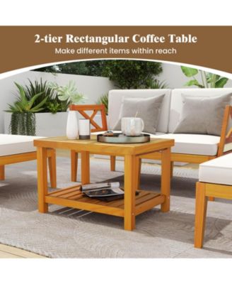 5 PCS Acacia Wood Patio Chaise Lounge Chair Set with 2-Tier Coffee Table Cushions