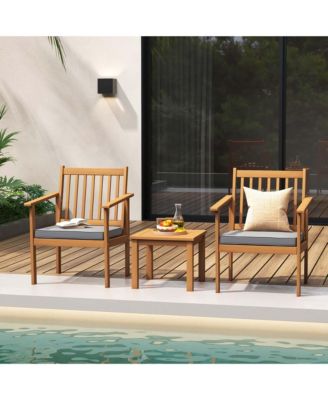  3 PCS  Acacia Wood  Soft Cushions  Patio Furniture Set (Chairs & Coffee Table)