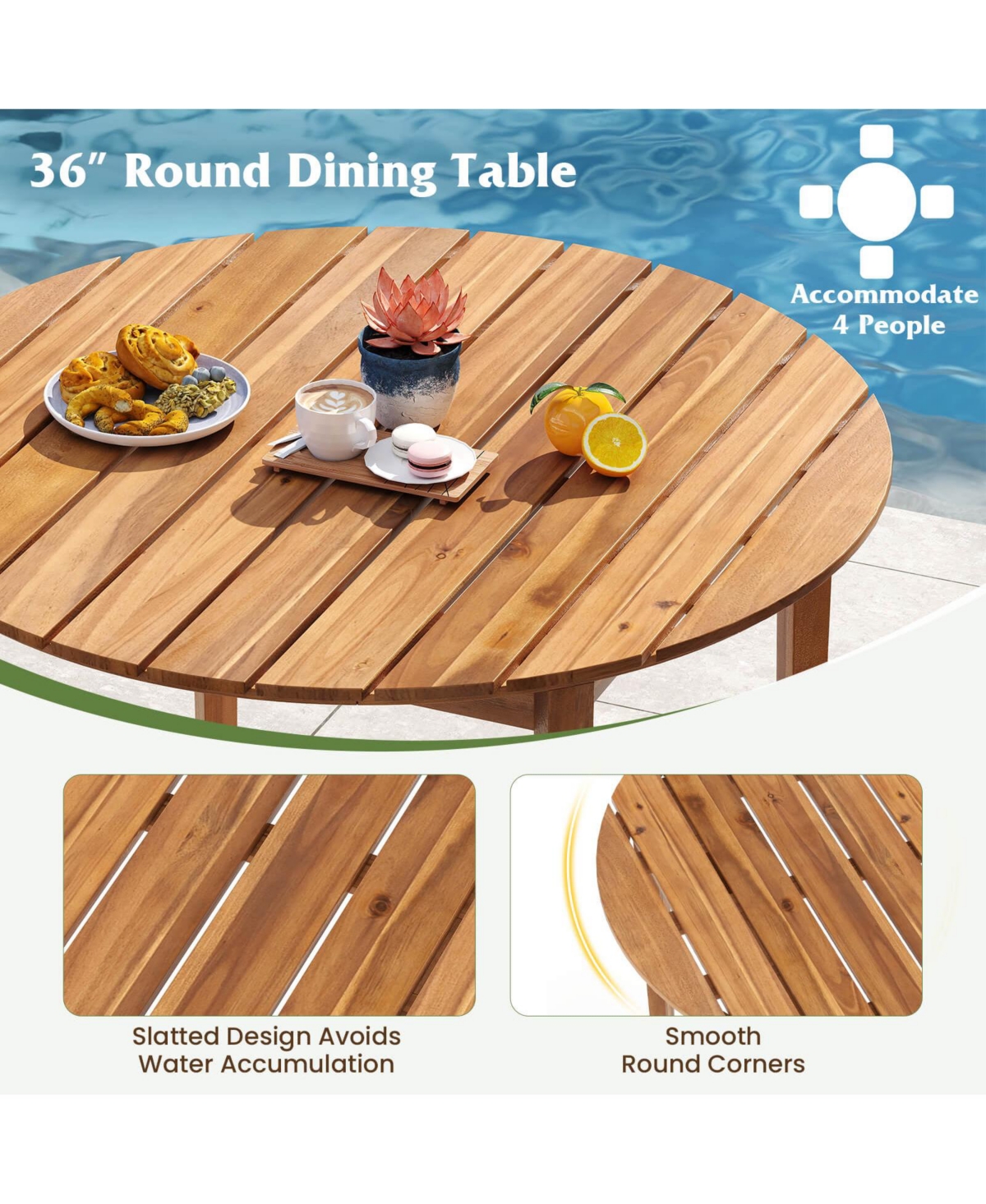 Costway Round Outdoor Dining Table for 4 People 36 inch Acacia Wood Patio Table for Yard
