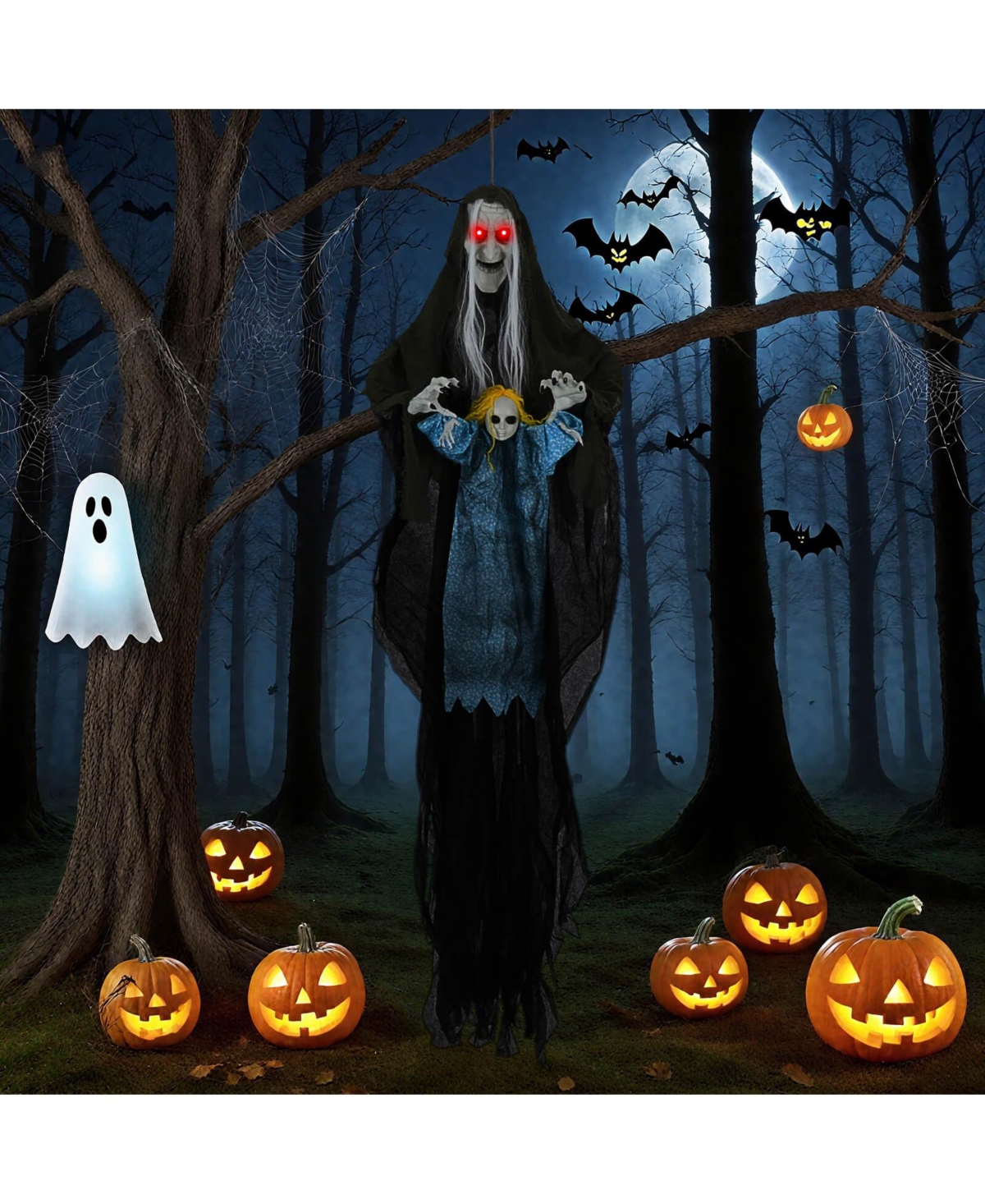 Costway Halloween Decoration 6 11” Sound-Activated Witch Holding Ghost Girl Spooky Sound