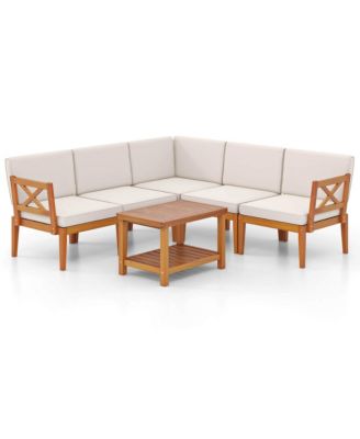  6 PCS  Acacia Wood  Cushions & 2-Tier Coffee Table  Patio Furniture Set.