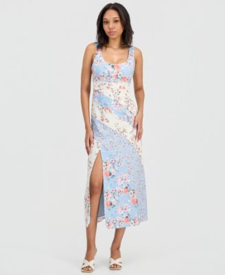 Juniors' Mixed Floral Scoop-Neck Midi Dress