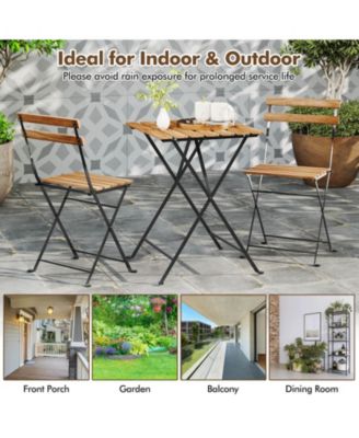 3 PCS Patio Acacia Wood Bistro Set Bistro Table with 2 Folding Chairs Slatted Seat