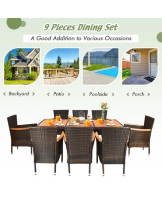 9PCS Patio Wicker Dining Set Acacia Wood Table Top Umbrella Hole Cushions Chairs