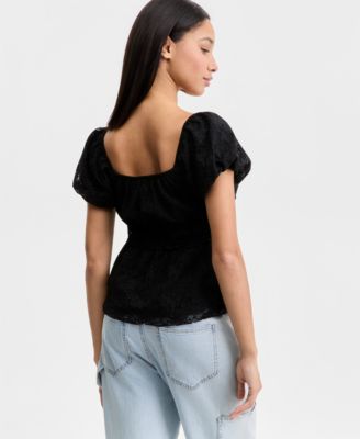 Juniors' Lace Puff-Sleeve Babydoll Top