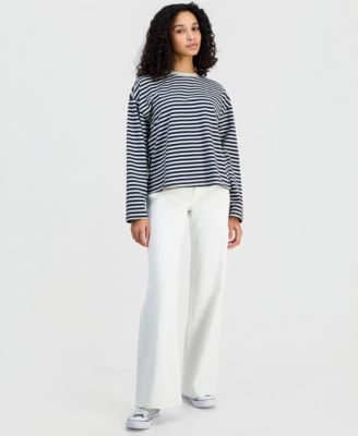 Juniors' Oversized Striped Long-Sleeve Crewneck Tee