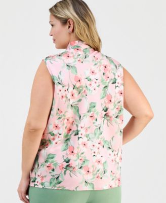 Plus Size Floral-Print Tie-Neck Sleeveless Top