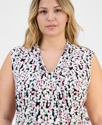 Plus Size Printed Knot-Front Sleeveless Top