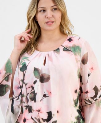 Plus Size Floral-Print Keyhole-Front Flutter-Sleeve Top