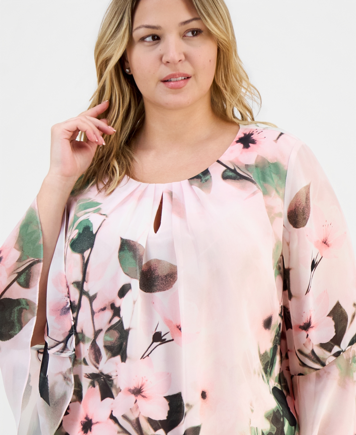 Kasper Plus Floral-Print Keyhole-Front Flutter-Sleeve Top