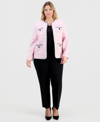 Plus Size Collarless Open-Front Tweed Jacket 