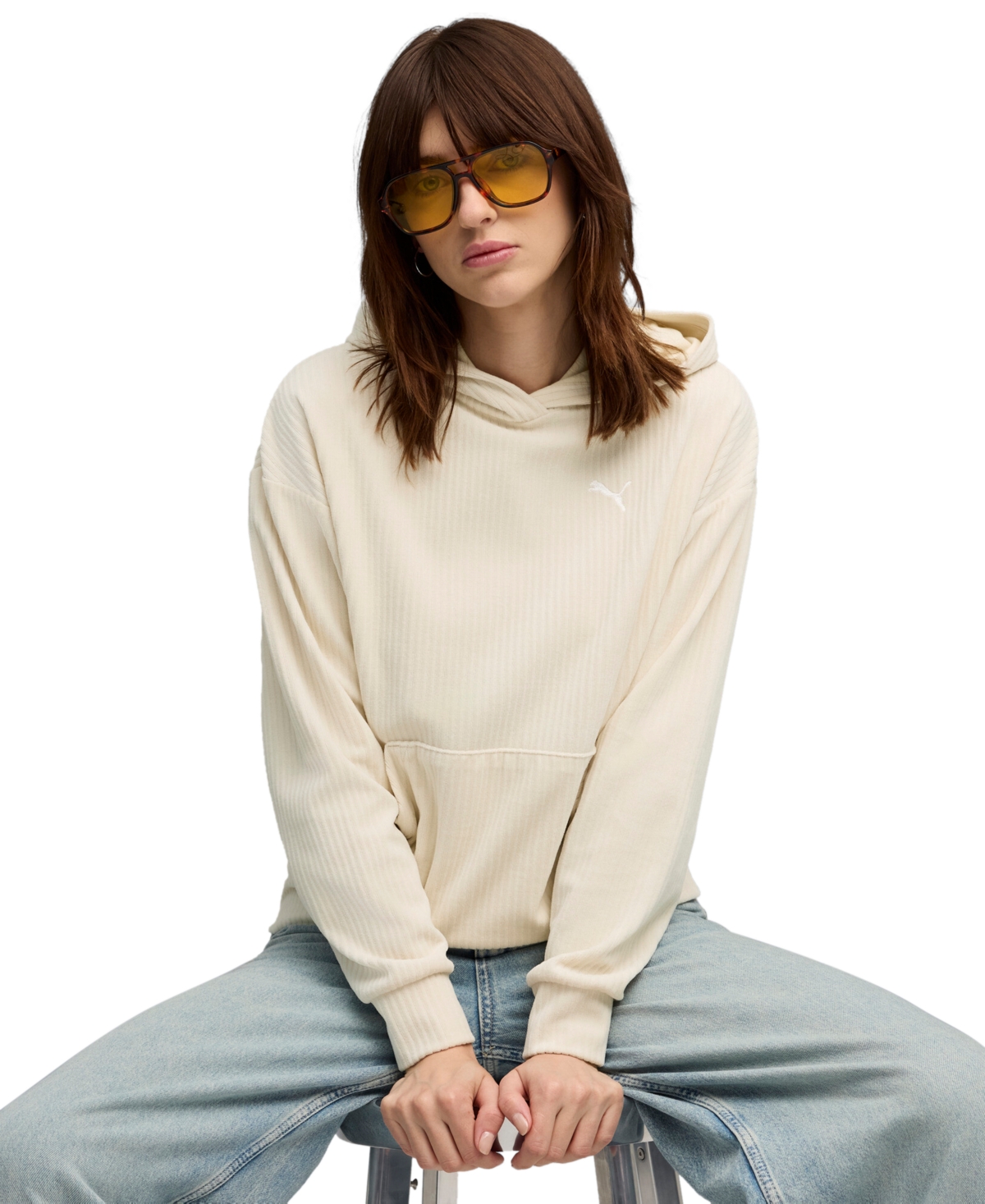 Puma Women's Elevated Comfort Velour Long-sleeve Hoodie In White