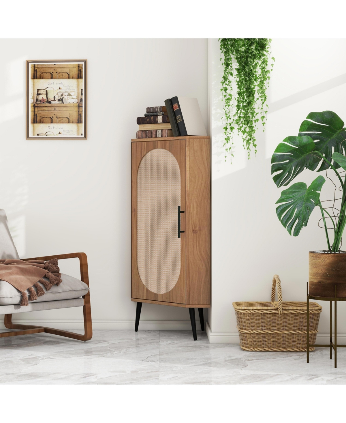 Freestanding Corner Cabinet with Rattan door