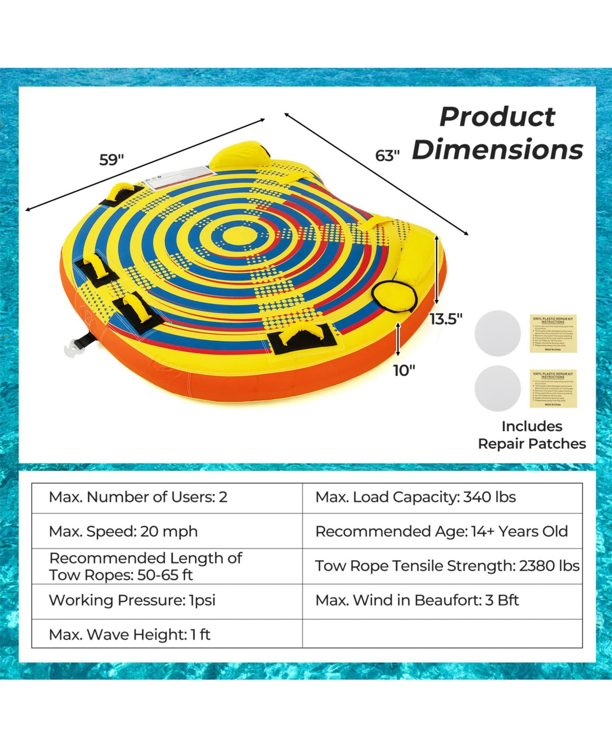 Sugift 1 or 2 Person Inflatable Towable Tube for Boating with Quick Connector