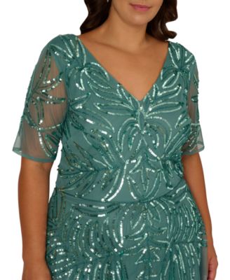 Plus Size Beaded Mesh V-Neck Long Dress