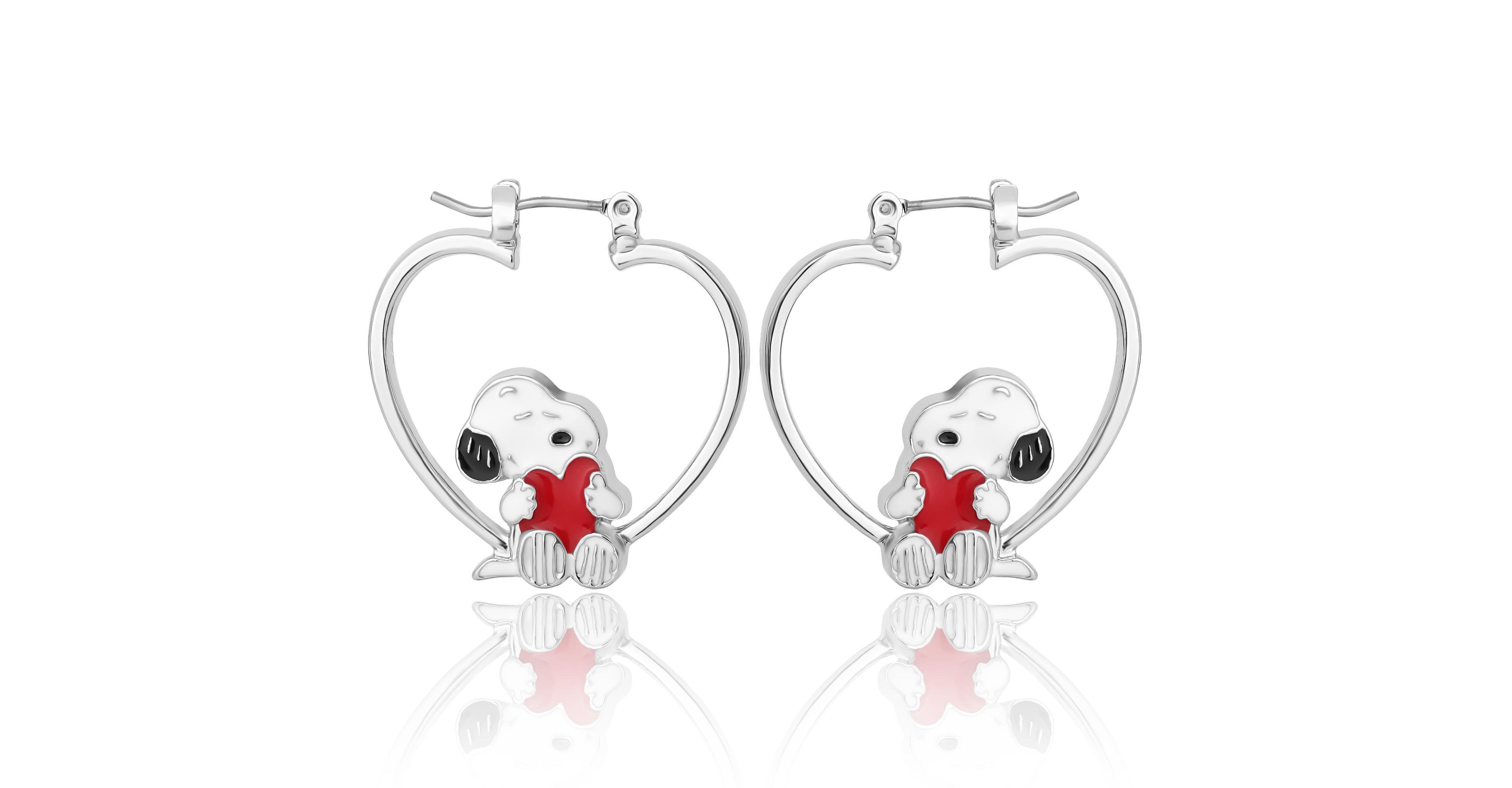 Peanuts Snoopy Heart Hoop Earrings, Silver-Tone with Red Enamel