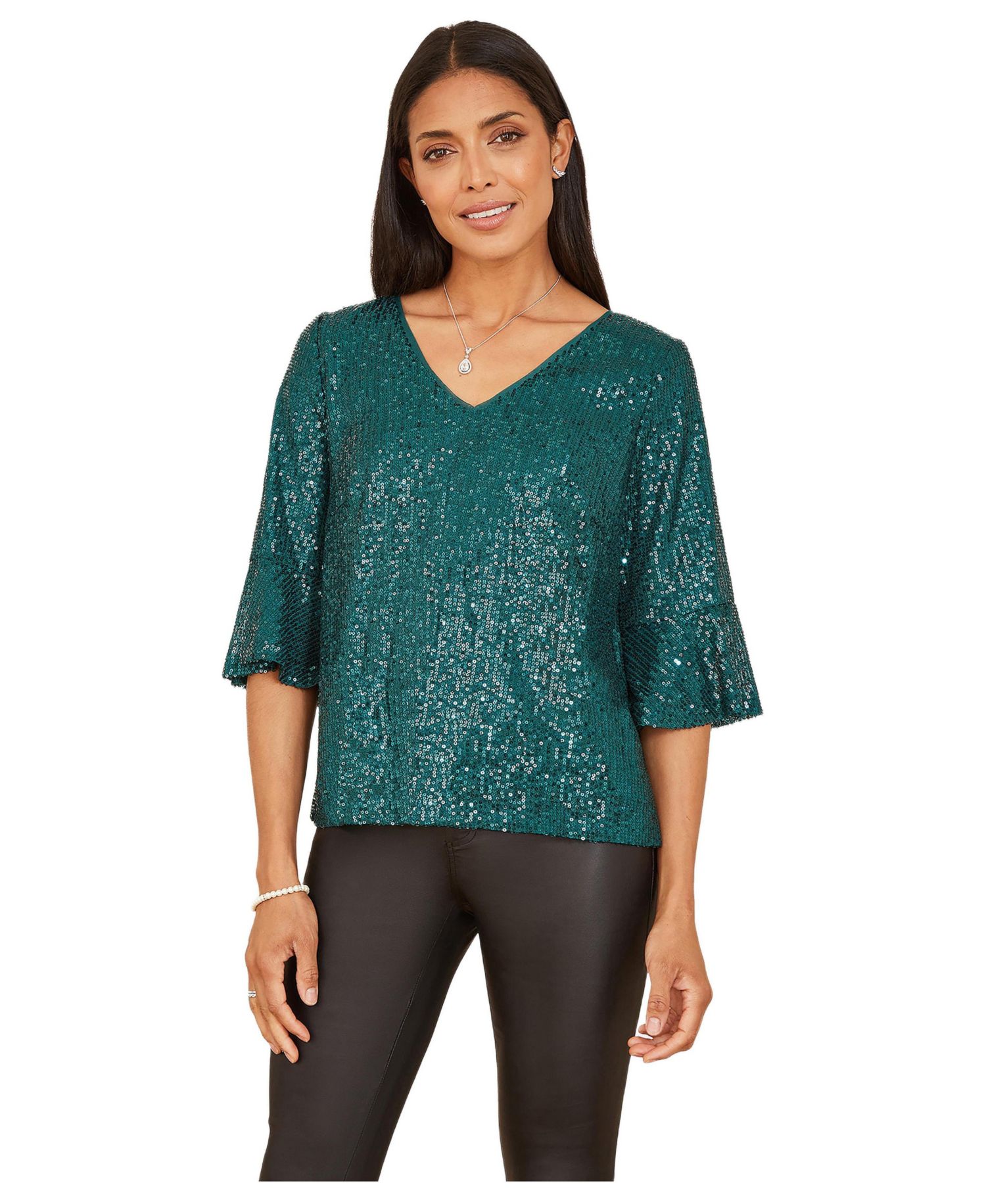 Women's Fluted Sleeve Sequin Top