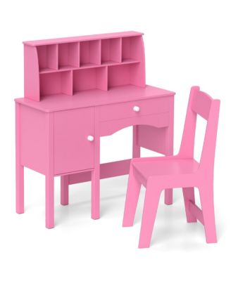 Kids Study Desk and Chair Set Children Wooden Craft Table w/ Chair and Hutch