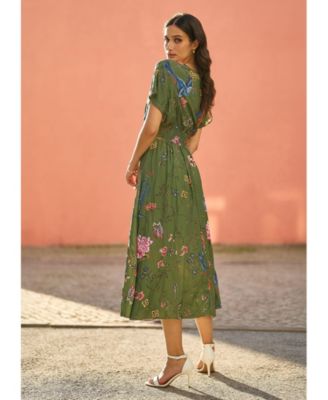 Women's Ruched Waist Kimono Sleeve Midi Dress