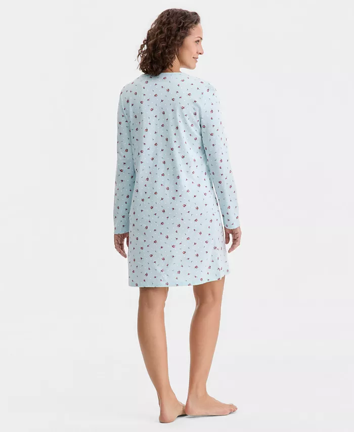 Women's Cotton Printed Long Sleeve Henley Sleepshirt - thumbnail 8