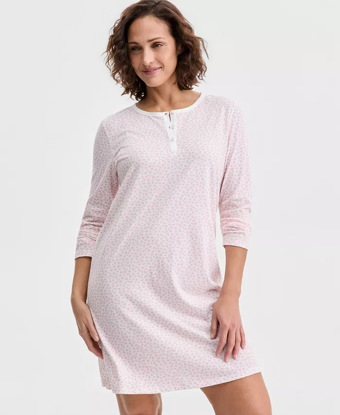Women's Cotton Printed Long Sleeve Henley Sleepshirt - thumbnail 6