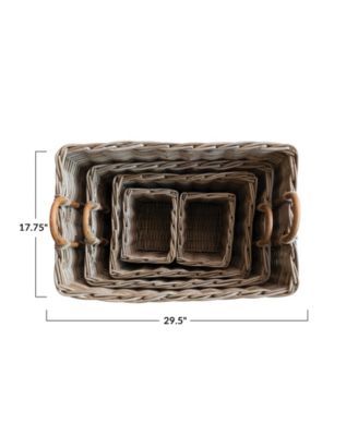 Hand-Woven Rattan Trunks with Handles and 3 Nested Baskets, Natural, Set of 5