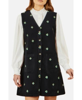 Women's Embroidered Button Up Pinafore Dress