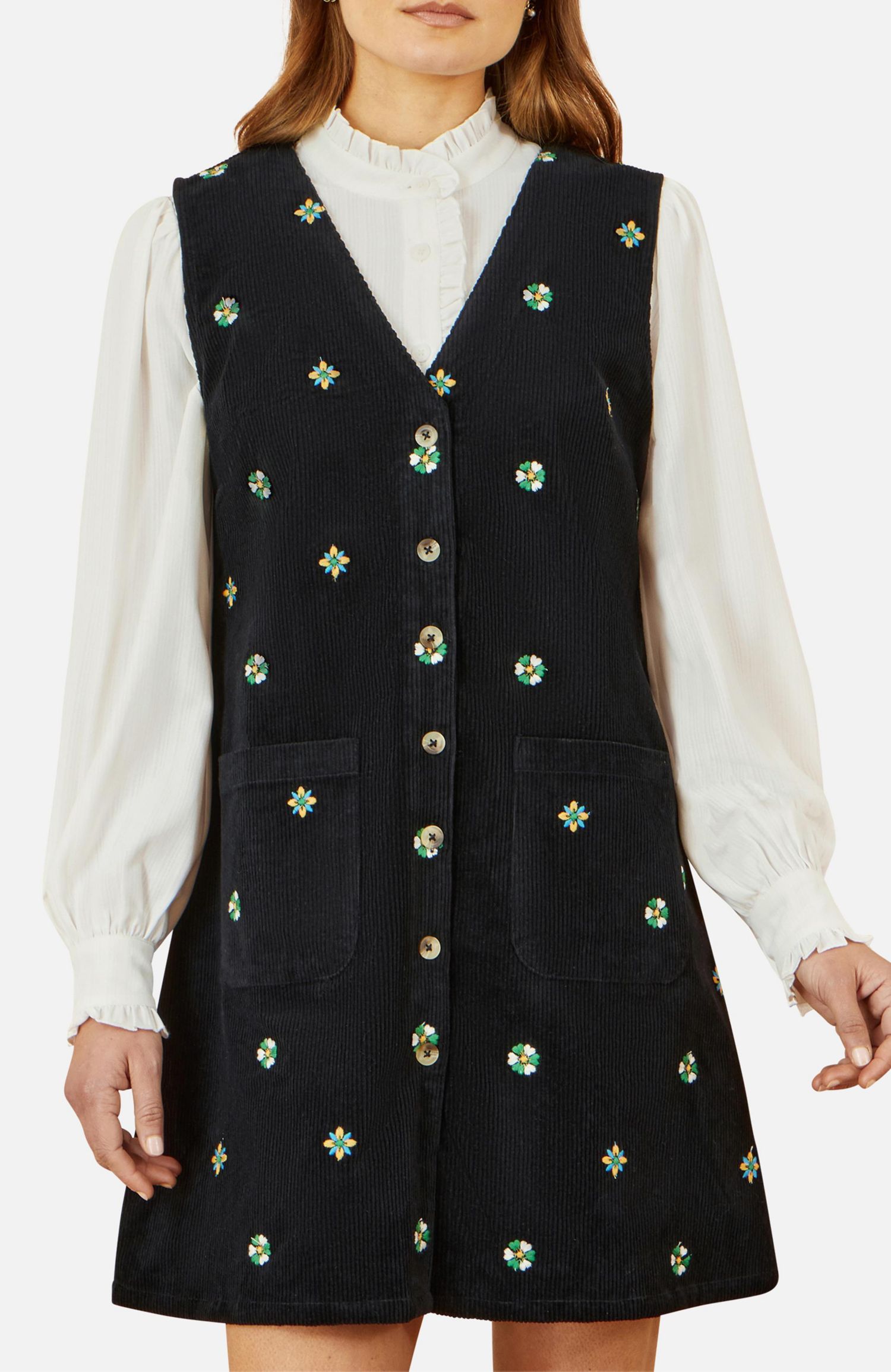 Women's Embroidered Button Up Pinafore Dress