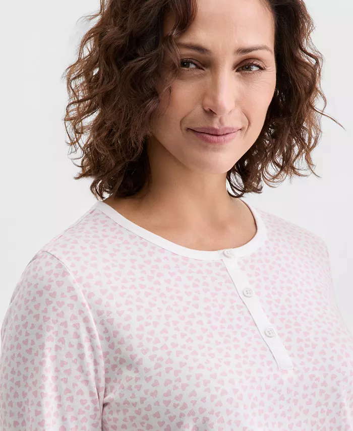 Women's Cotton Printed Long Sleeve Henley Sleepshirt - thumbnail 4