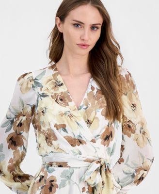 Petite Smocked Cuff-Sleeve V-Neck Midi Dress