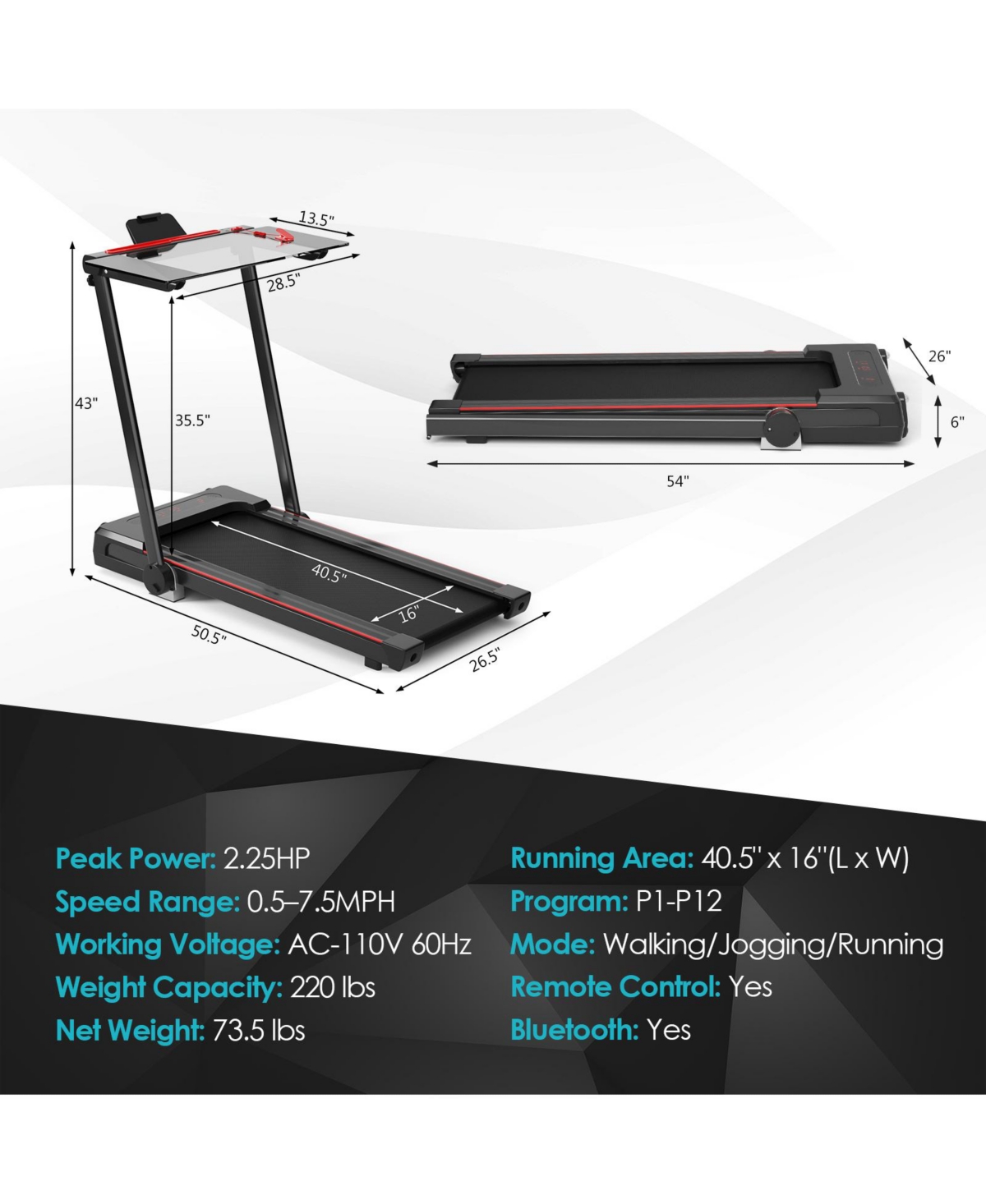 Skonyon 3-in-1 Folding Treadmill with Large Desk and Lcd Display