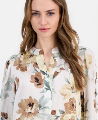 Women's Printed Pleated Long-Sleeve Blouse