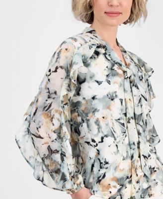Women's Printed Tie-Neck Ruffle Blouse 