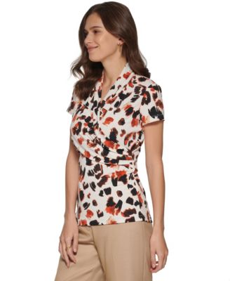 Petite Short-Sleeve Printed Wrap Blouse