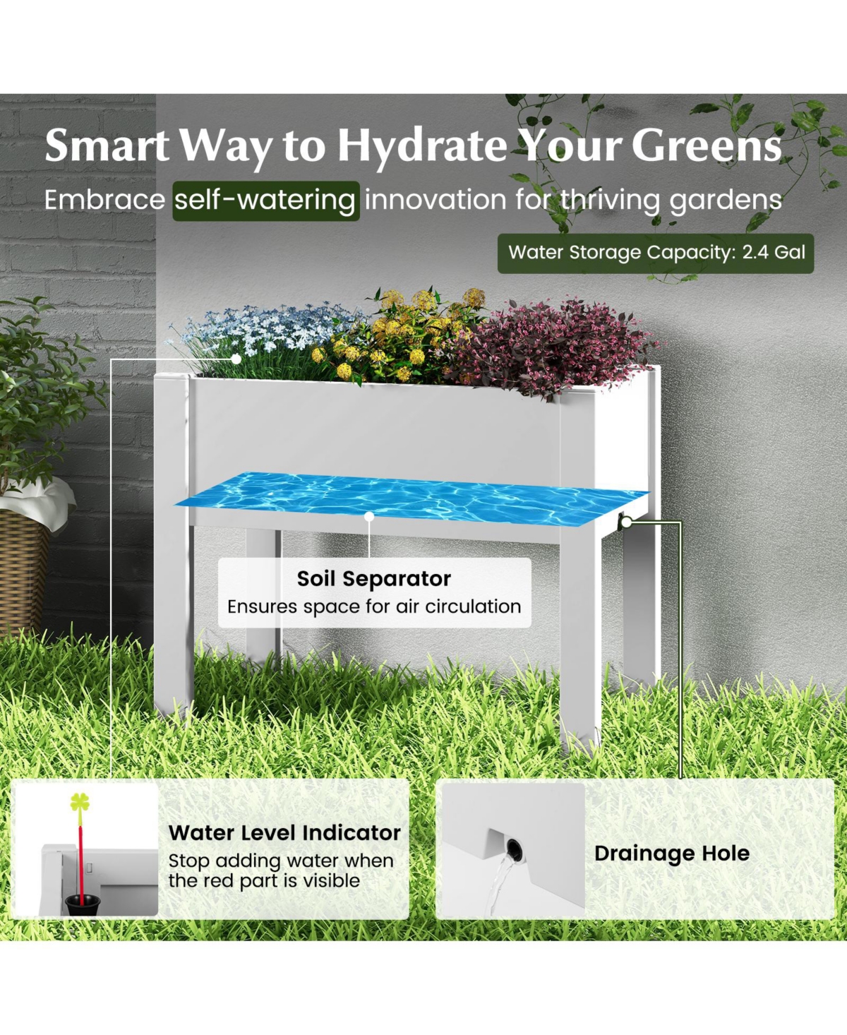 Sugift 53-l Raised Bed Grow Box Self-Watering Planter Box Stand with Water Level Monitor