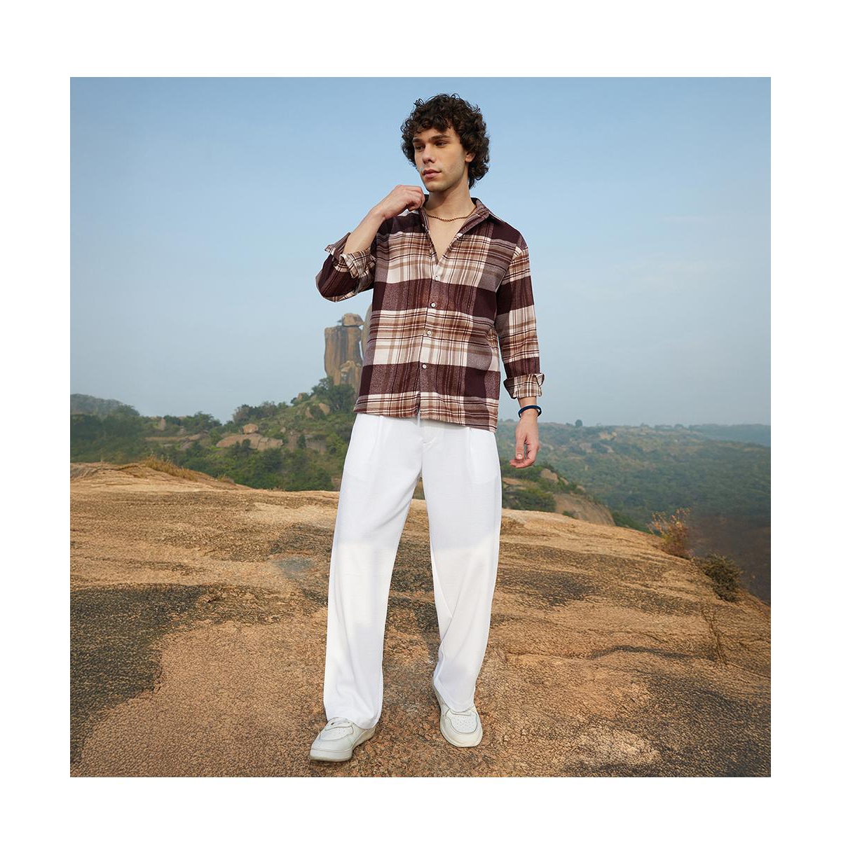 Campus Sutra Men's Mocha Brown Plaid Oversized Shirt