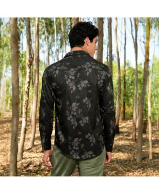 Men's Charcoal Grey Stamped-Foliage Shirt