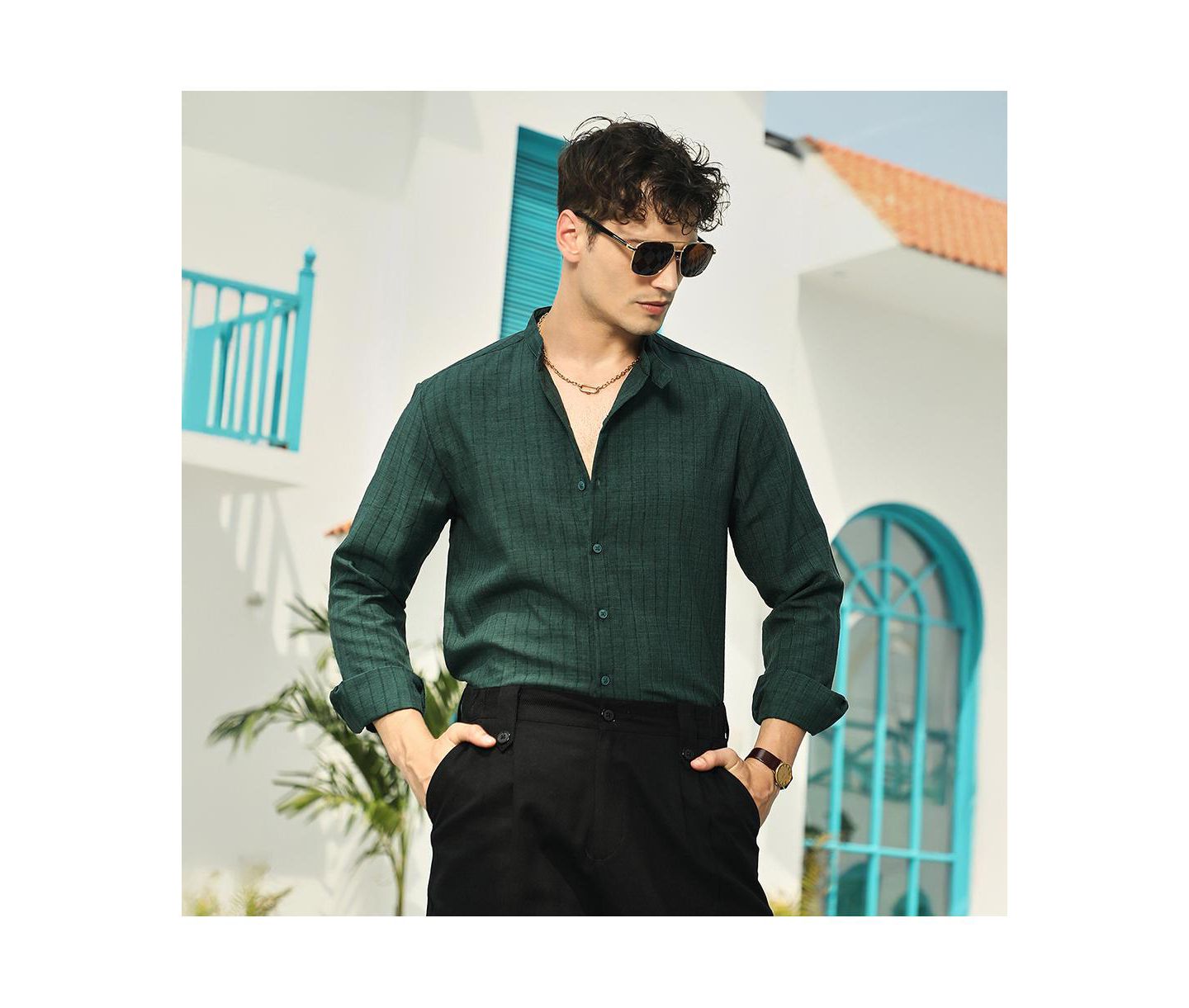 Мужская рубашка Cahoot Campus Sutra Emerald Green Pinstriped-Tactile, цвет: Зелёный — фото 2