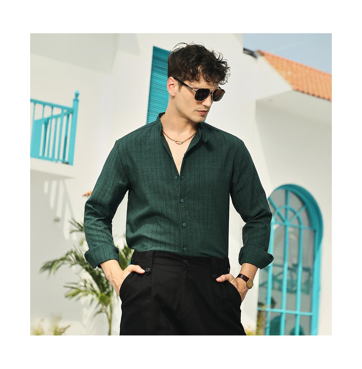 Campus Sutra Men's Emerald Green Pinstriped-Tactile Shirt
