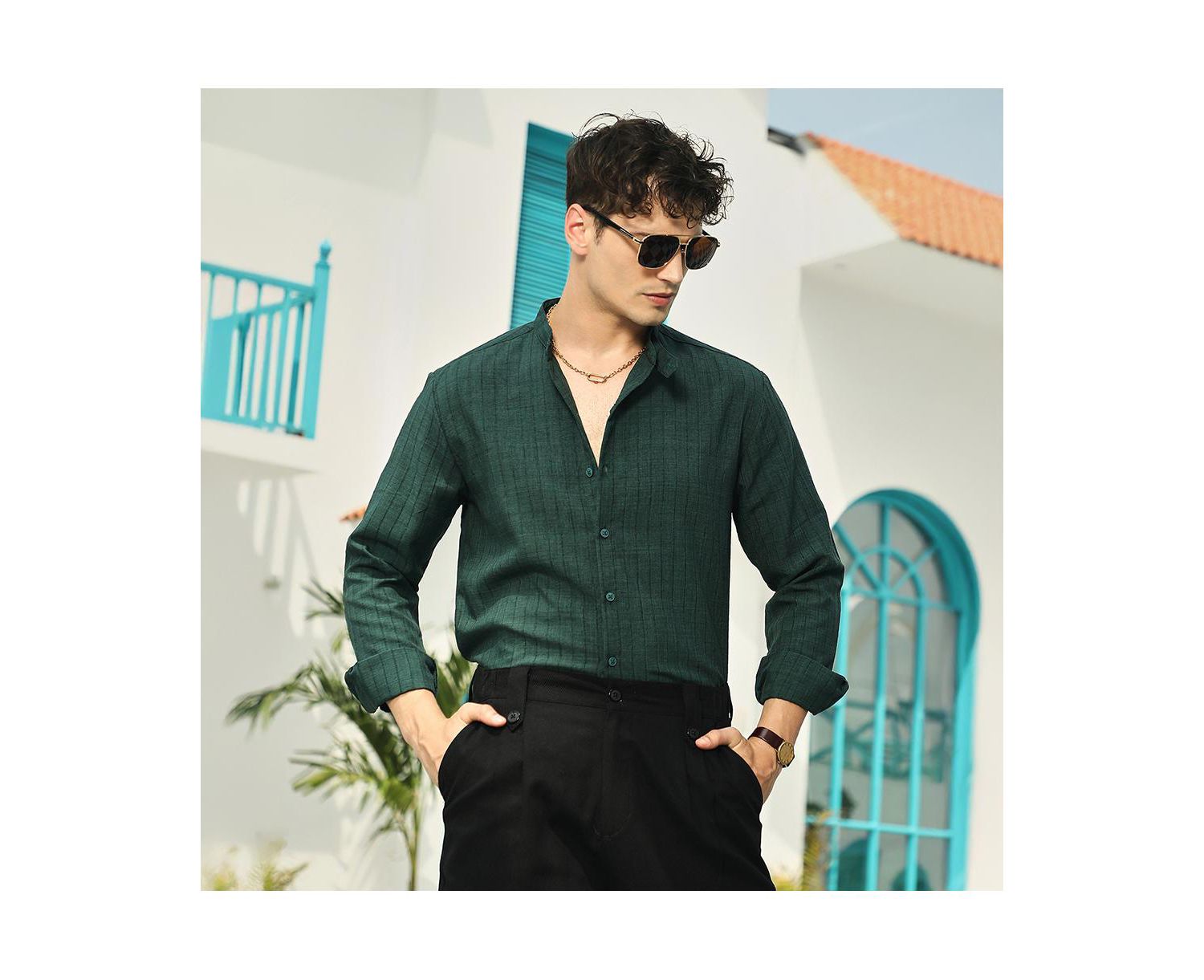 Men's Emerald Green Pinstriped-Tactile Shirt