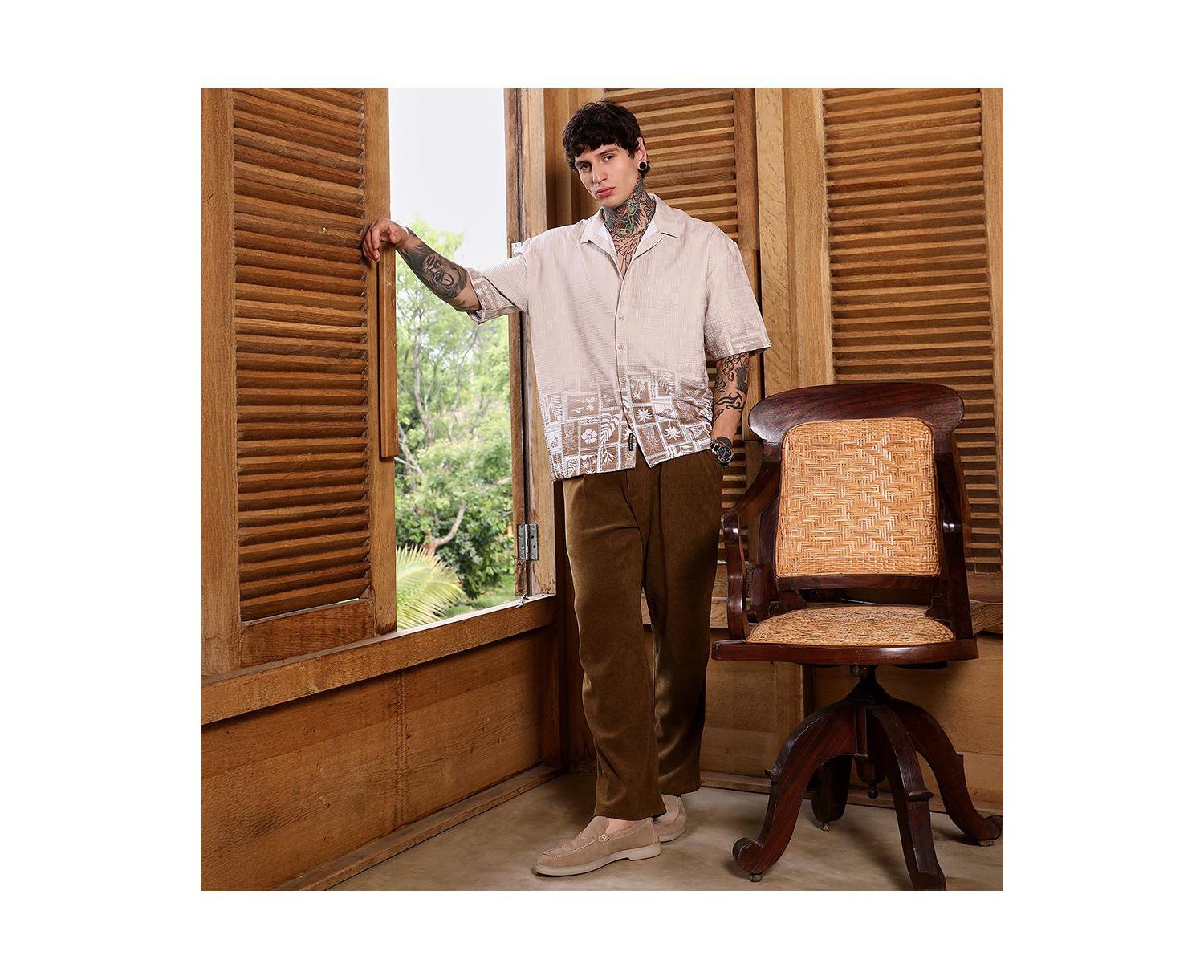 Men's Ecru Beige Tropics Ombre-Tactile Shirt