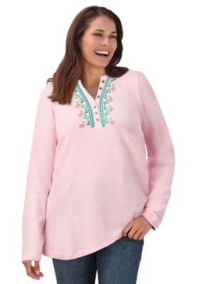Women's Plus Size Embroidered Thermal Henley Tee