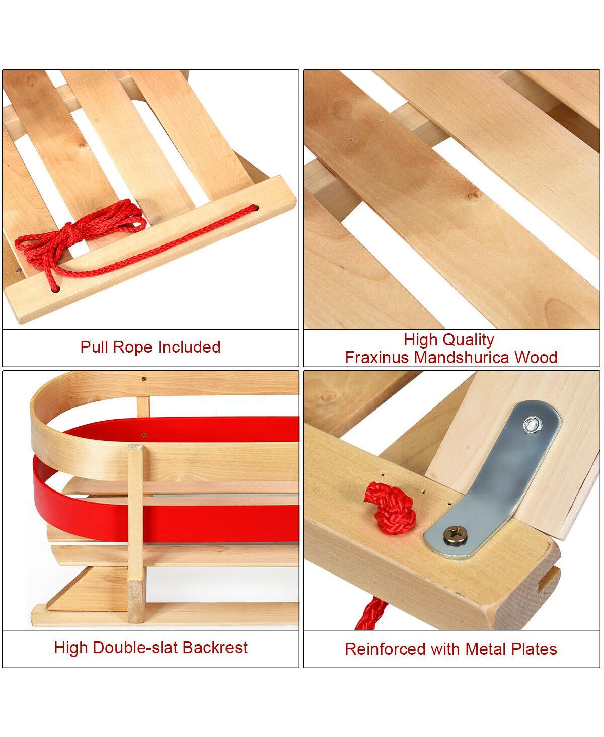 Hongge Wooden Snow Sled for Kids Classic Pull Sled with Backrest and Rope