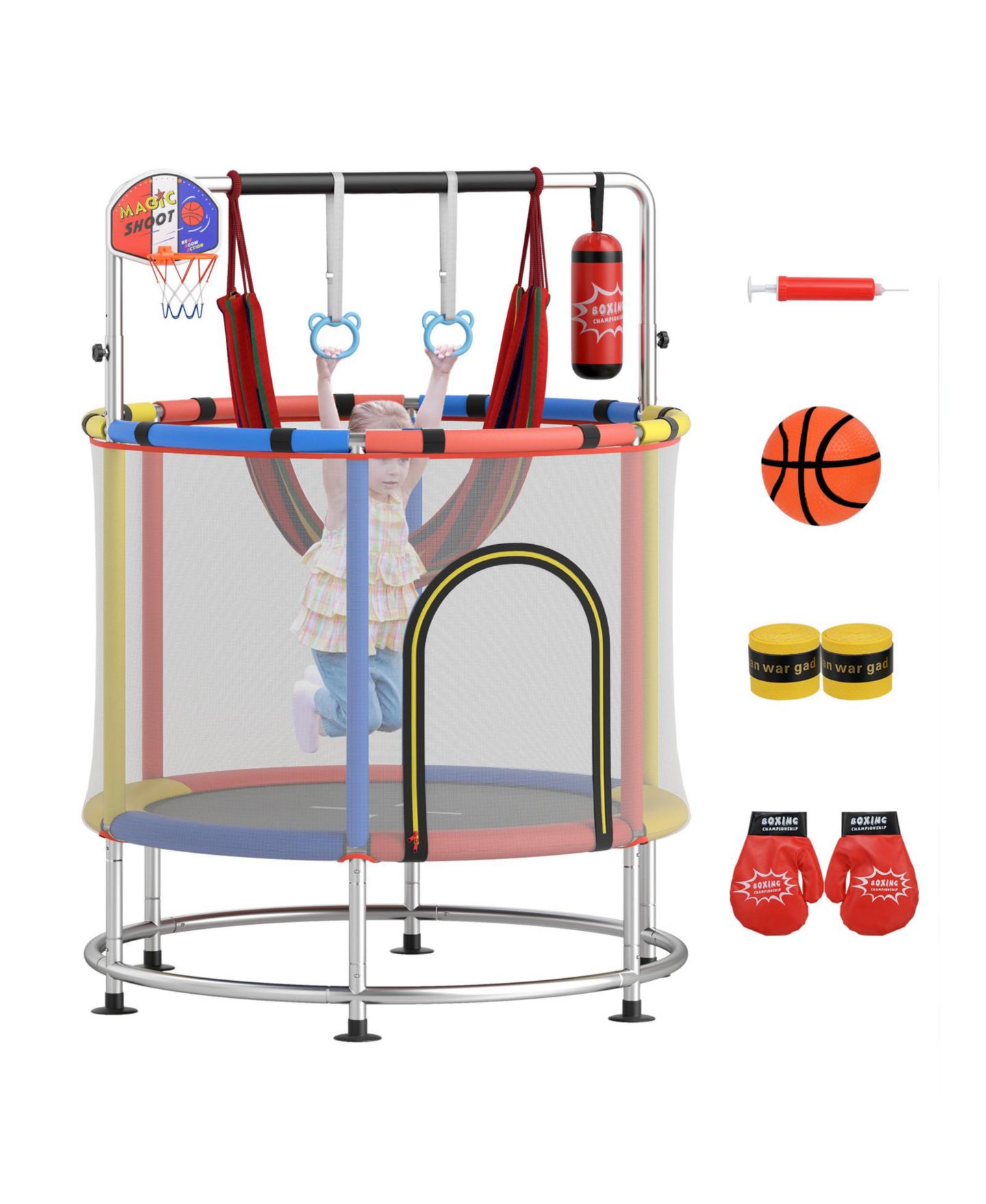 Детская игрушка HONGGE 6-in-1 Kids Trampoline with Basketball Hoop Gymnastics Bar, цвет: Красный — фото 1