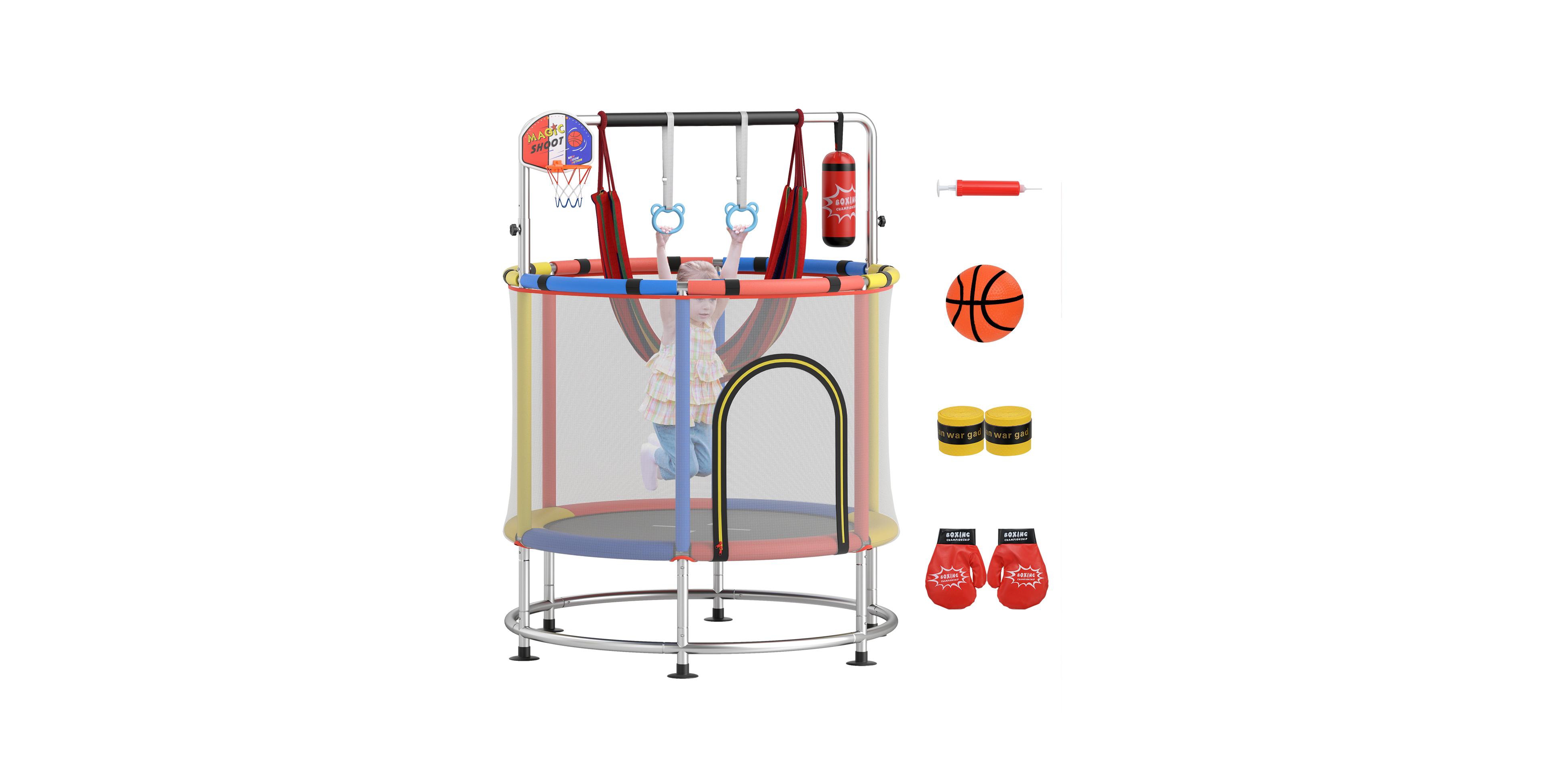 Hongge 6-in-1 Kids Trampoline with Basketball Hoop Gymnastics Bar, 55", For 1 Player, Ages 3-10