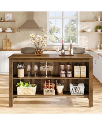 Kitchen Island with Storage, 59-Inch Large Farmhouse Stationary Island Table, Rustic Brown