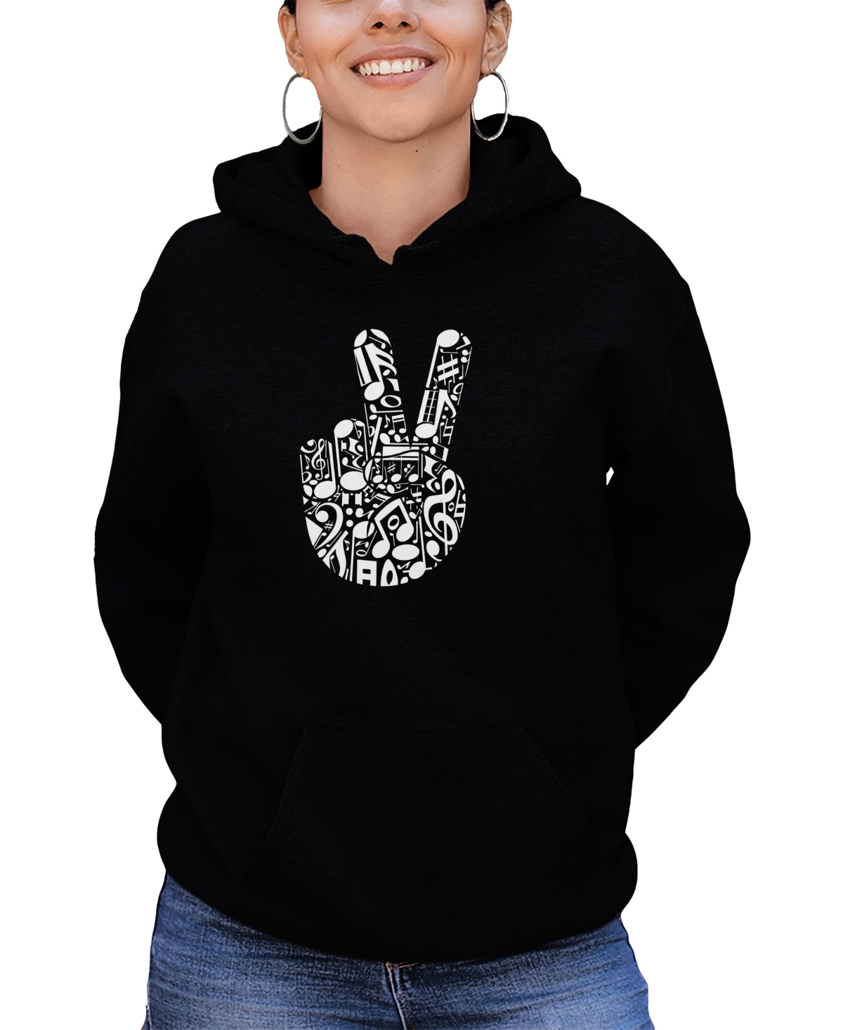 La Pop Art Women's Peace Finger Notes Word Art Long Sleeve Sweatshirt In Black